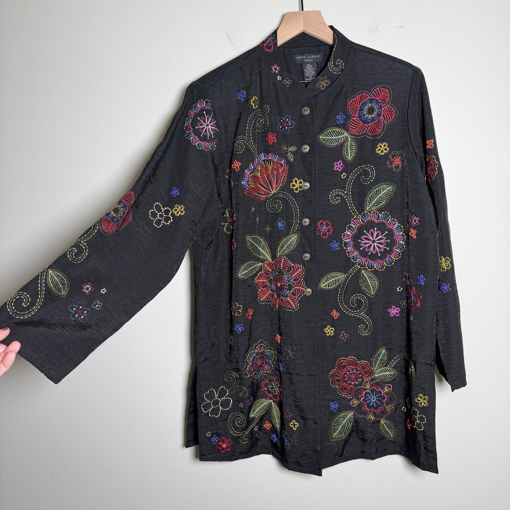 Anne Carson Woman Silk Rayon Jacket 1X Black Floral Embroidered Artsy Whimsigoth
